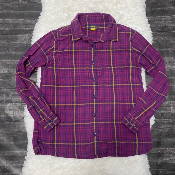CABELA'S WOMENS PINK PURPLE PLAID FLANNEL SHIRT CASUAL OUTDOOR HIKING - Picture 1 of 6